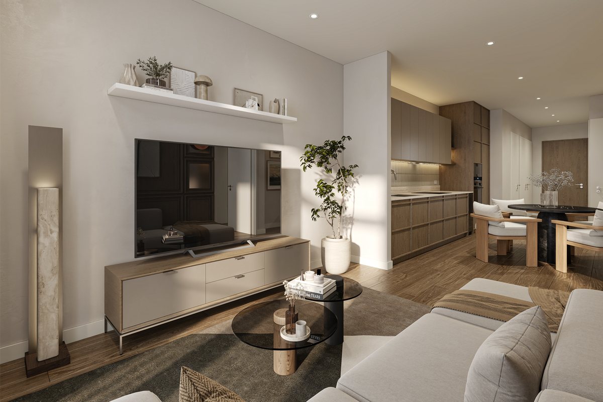 Approved sample unit: living room with kitchen behind