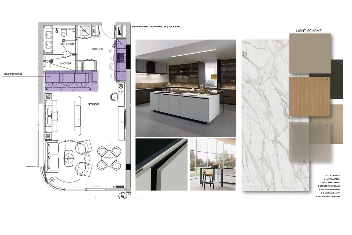 Floor plan with kitchen references and a light finish scheme board