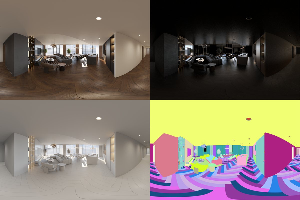 One 360° render with its matching masks and passes