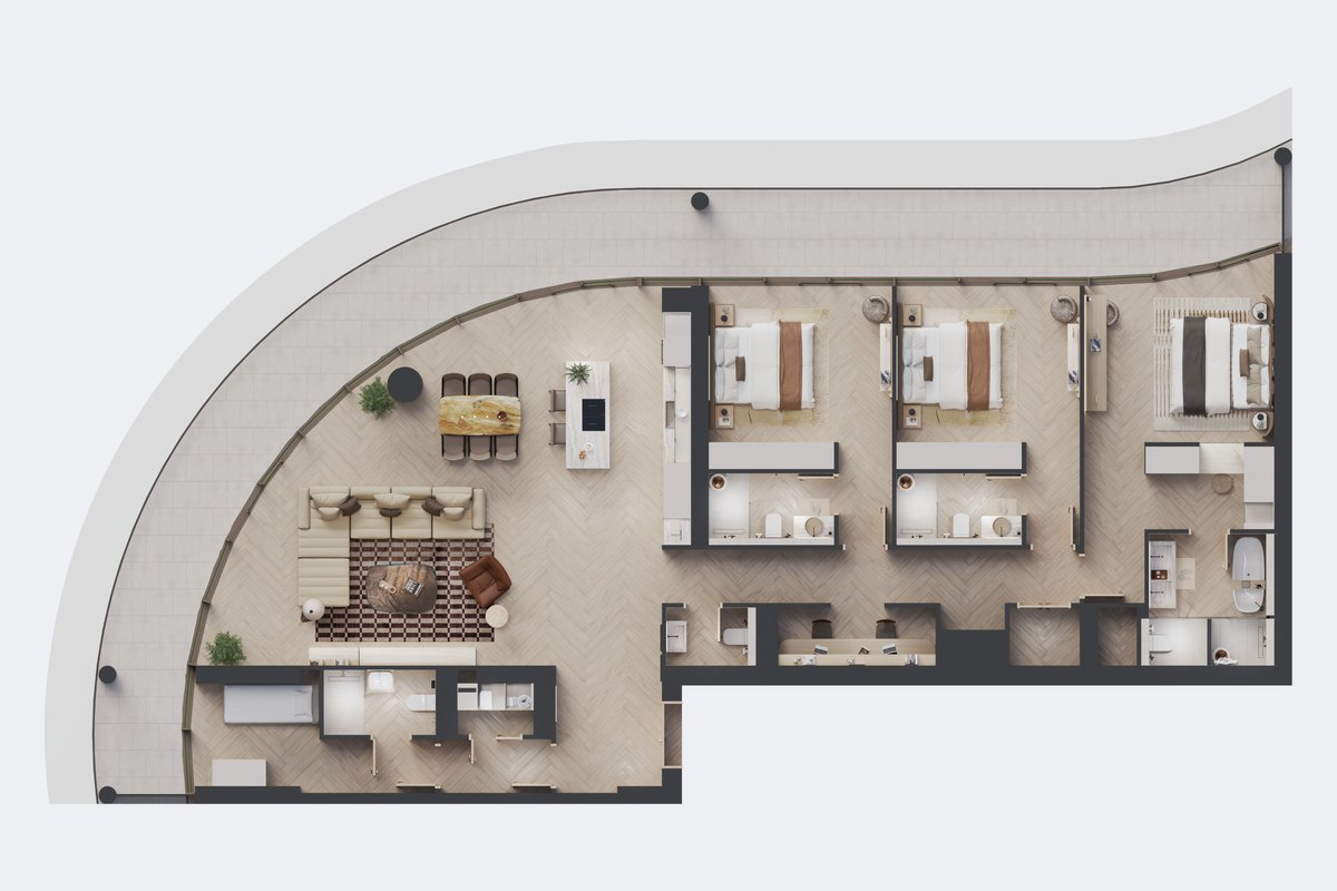 Rendered colour floor plan of an apartment